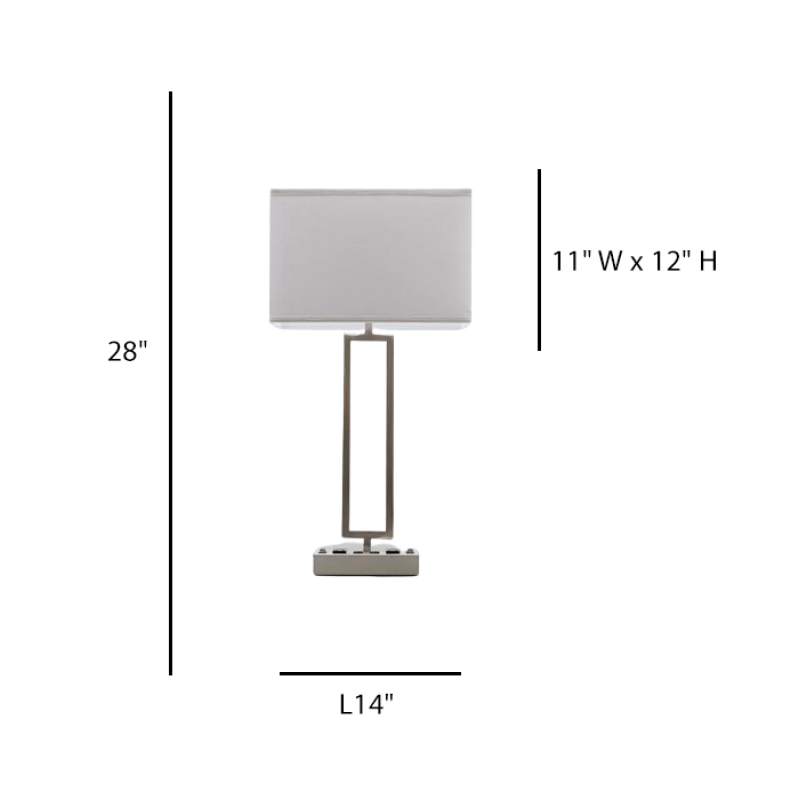 Double Table Lamp with 2 Outlets – Brushed Nickel with Off-White Fabric