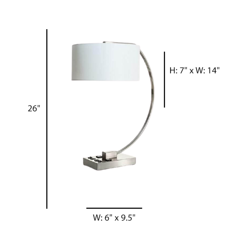 Double Table Lamp Brushed Nickel with USB Ports & Outlets – White Hardback Shade