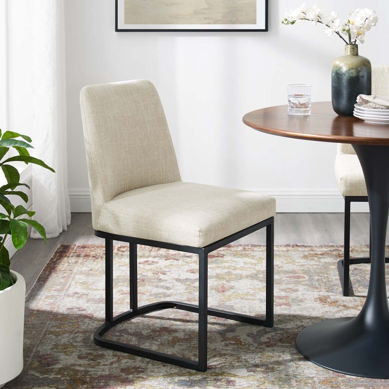 Amplify Sled Base Upholstered Fabric Dining Side Chair in Black Beige