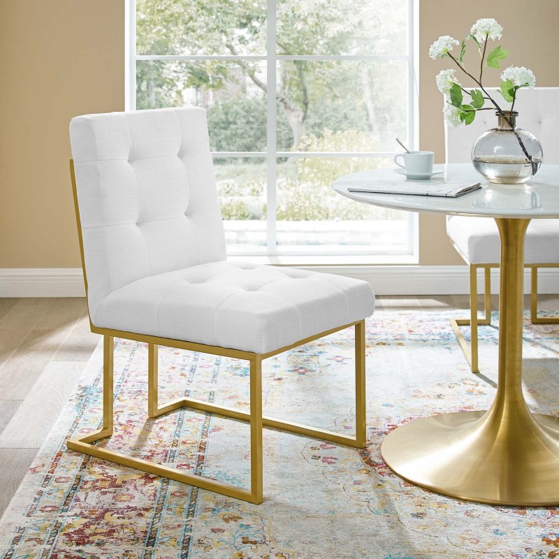 Privy Gold Stainless Steel Upholstered Fabric Dining Accent Chair in Gold White