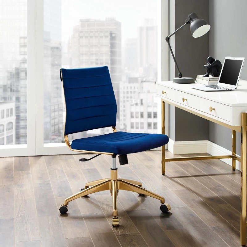 Armless Mid Back Performance Velvet Office Chair in Navy