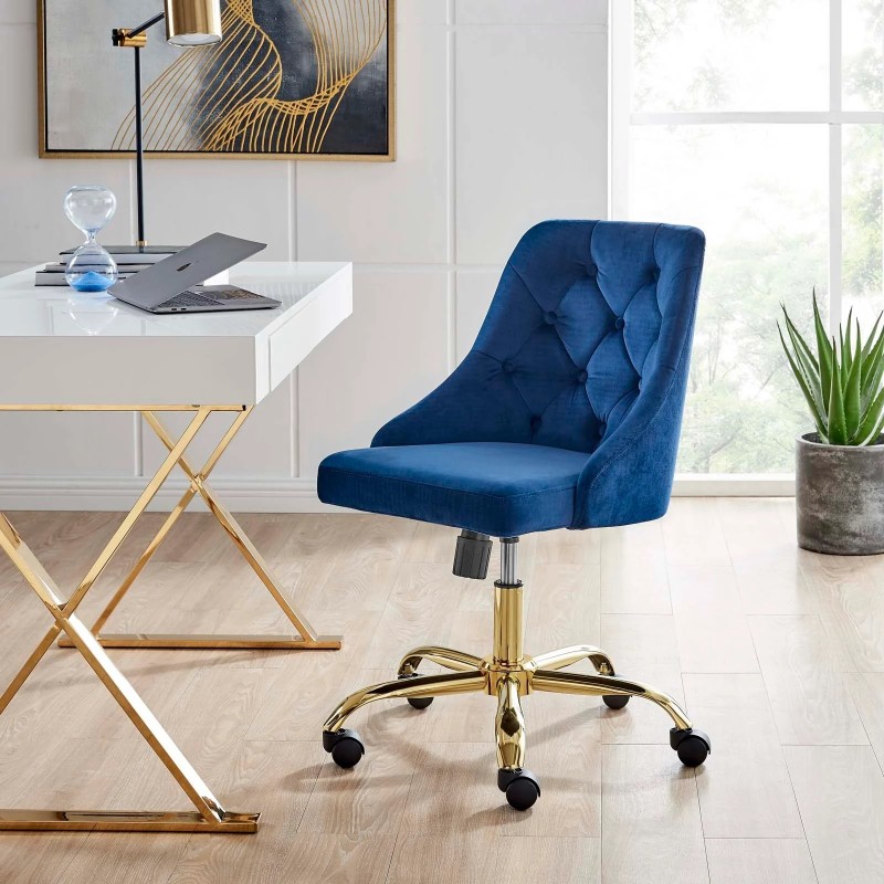 Distinct Tufted Swivel Performance Velvet Office Chair in Gold Navy