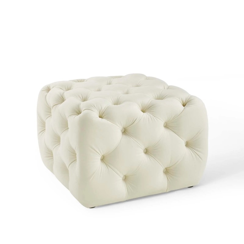 Amour Tufted Button Square Performance Velvet Ottoman in Ivory