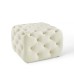 Amour Tufted Button Square Performance Velvet Ottoman in Ivory