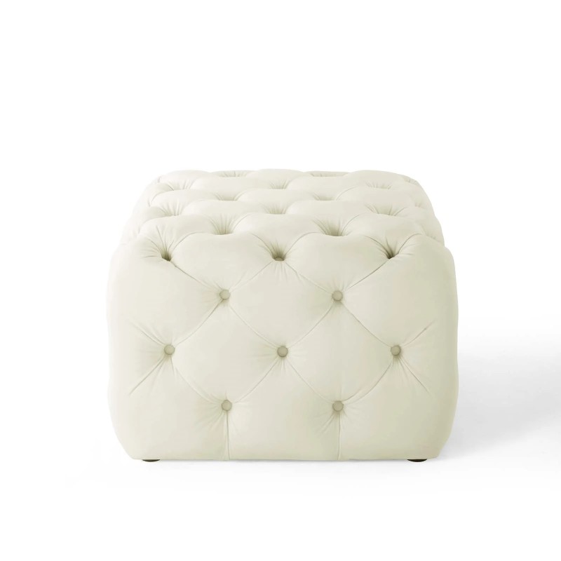 Amour Tufted Button Square Performance Velvet Ottoman in Ivory