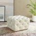 Amour Tufted Button Square Performance Velvet Ottoman in Ivory