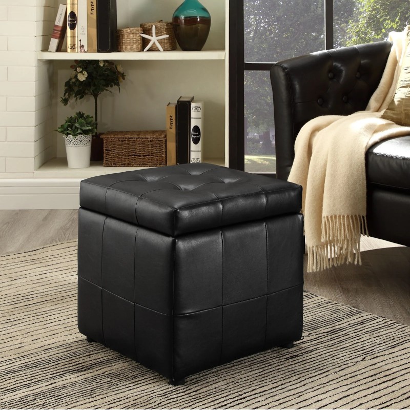 Volt Storage Upholstered Vinyl Ottoman in Black