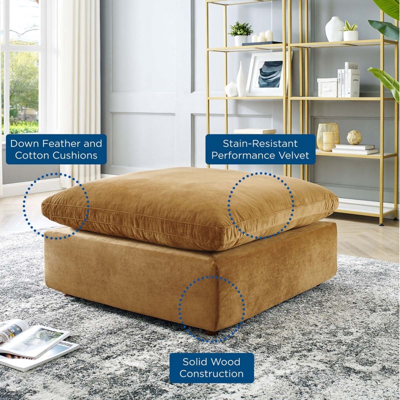 Commix Down Filled Overstuffed Performance Velvet Ottoman in Cognac