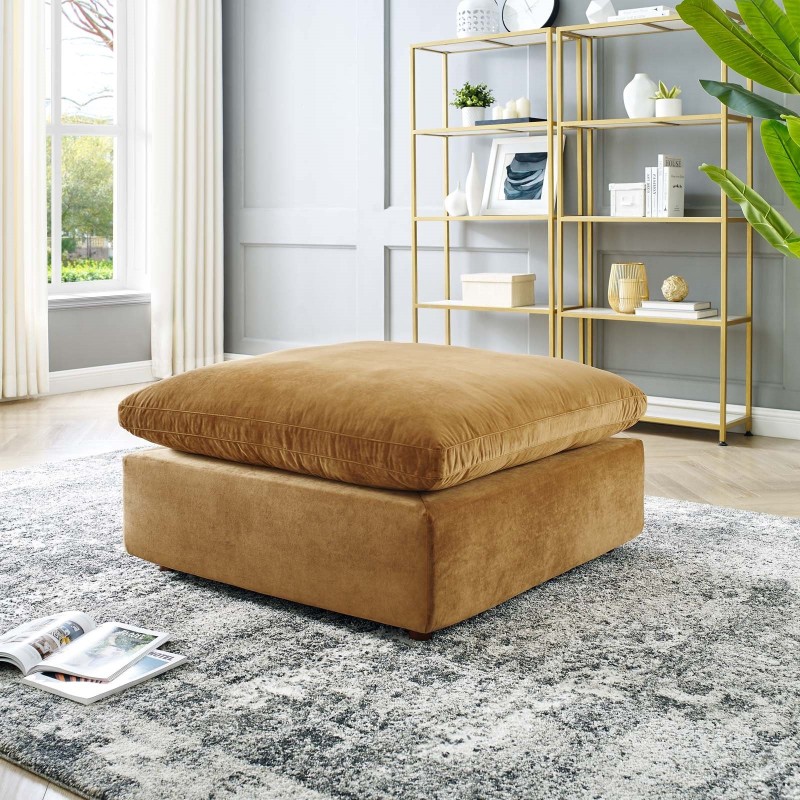Commix Down Filled Overstuffed Performance Velvet Ottoman in Cognac