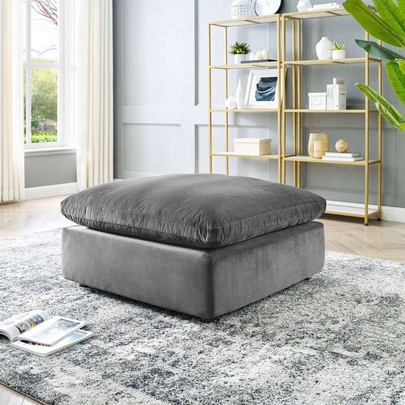 Commix Down Filled Overstuffed Performance Velvet Ottoman in Gray