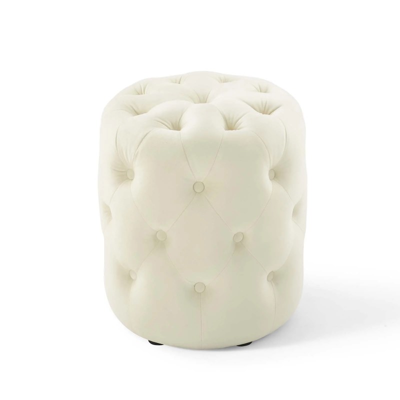 Amour Tufted Button Round Performance Velvet Ottoman in Ivory