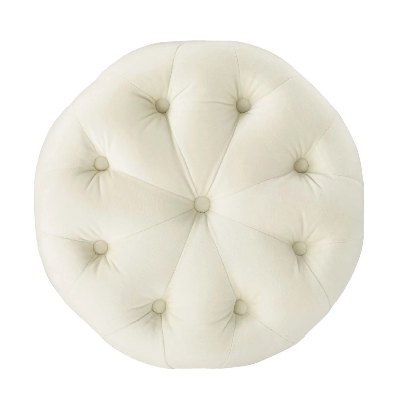 Amour Tufted Button Round Performance Velvet Ottoman in Ivory