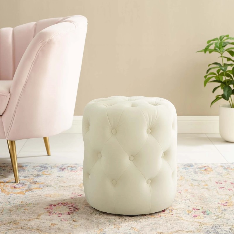 Amour Tufted Button Round Performance Velvet Ottoman in Ivory