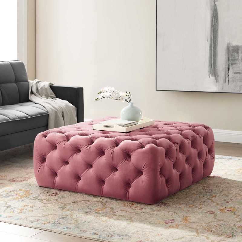 Amour Tufted Button Large Square Performance Velvet Ottoman in Dusty Rose