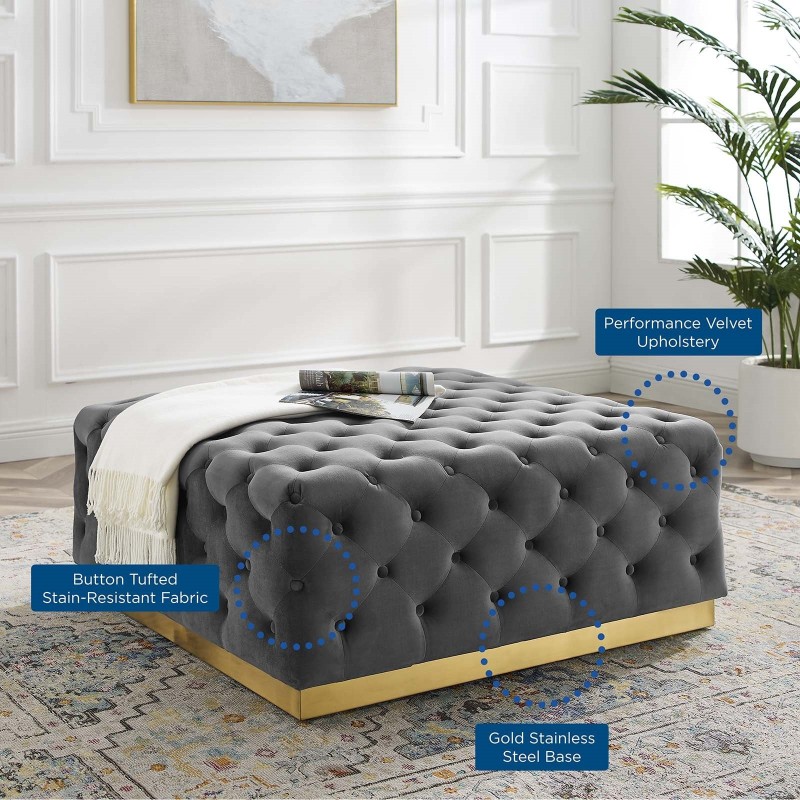 Ensconce Tufted Performance Velvet Square Ottoman in Gray