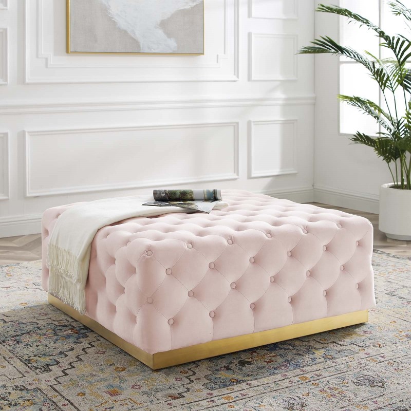 Ensconce Tufted Performance Velvet Square Ottoman in Pink