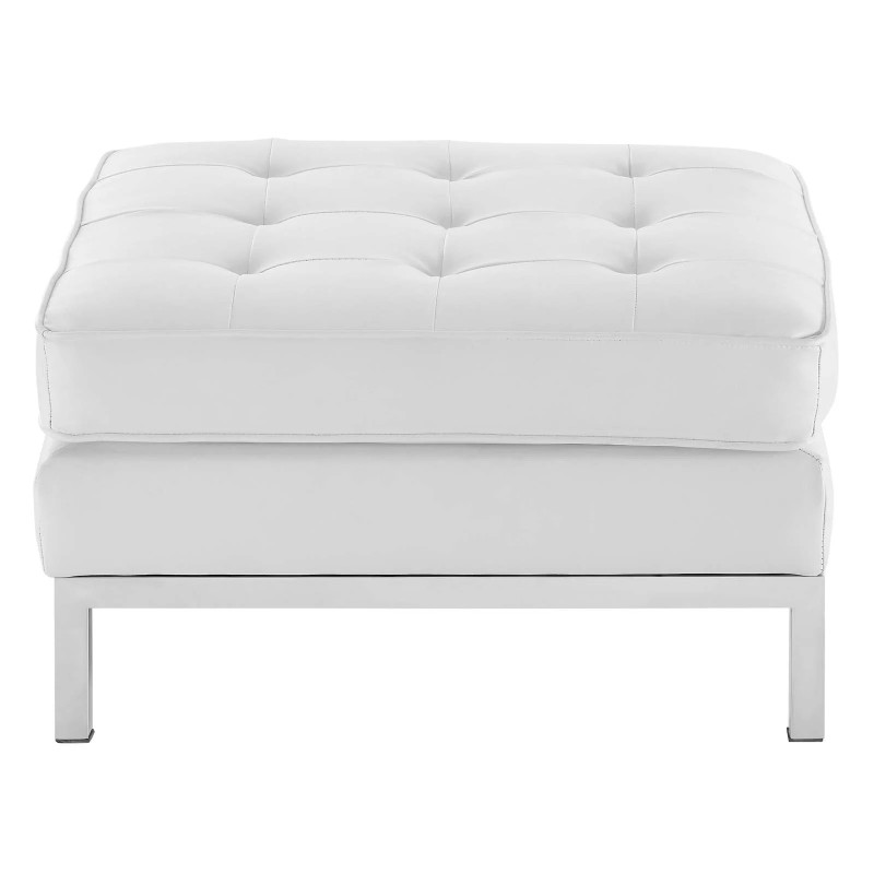 Loft Tufted Upholstered Faux Leather Ottoman in Silver White