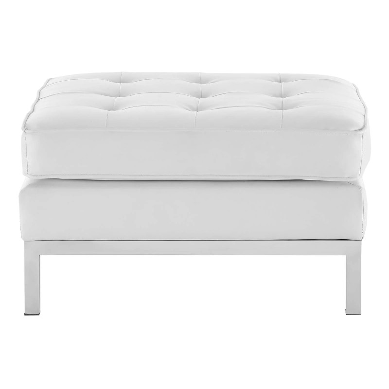 Loft Tufted Upholstered Faux Leather Ottoman in Silver White
