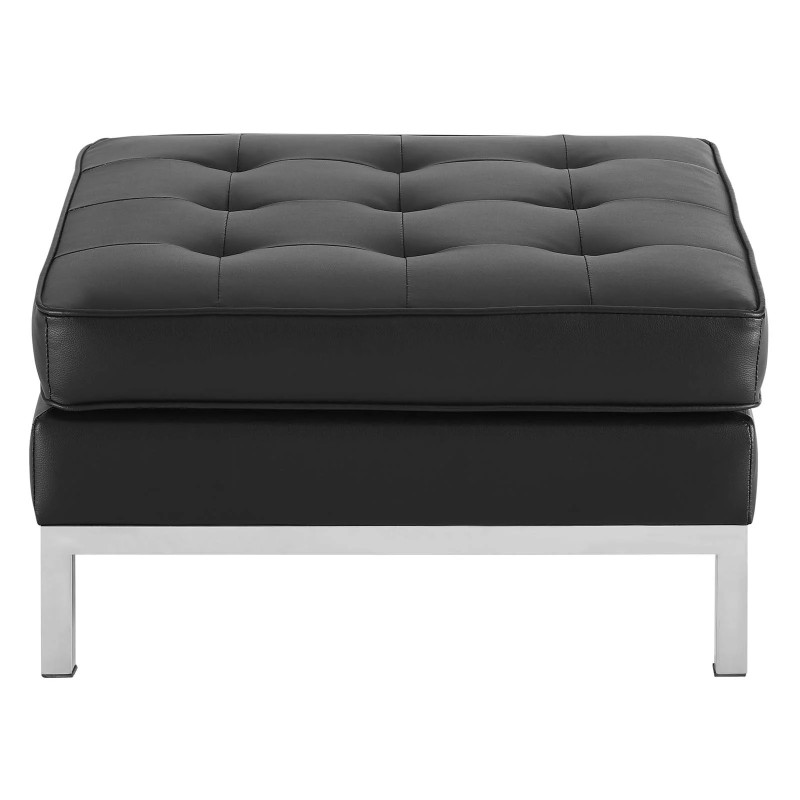 Loft Tufted Upholstered Faux Leather Ottoman in Silver Black