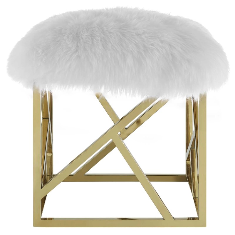 Intersperse Sheepskin Ottoman in Gold White
