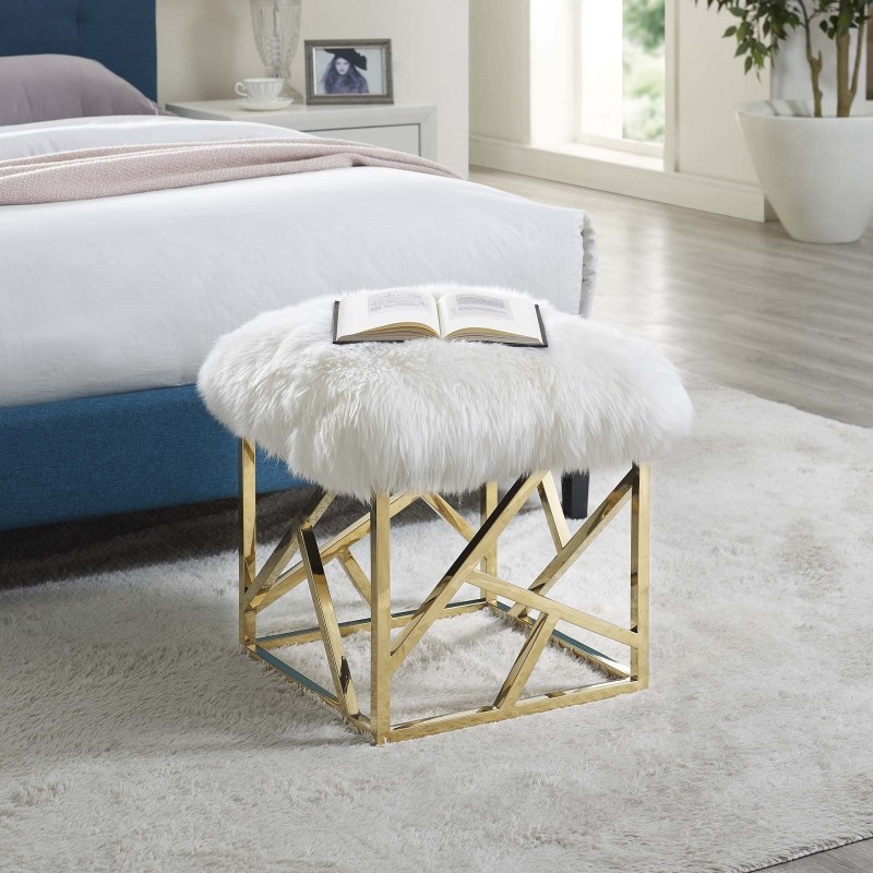 Intersperse Sheepskin Ottoman in Gold White
