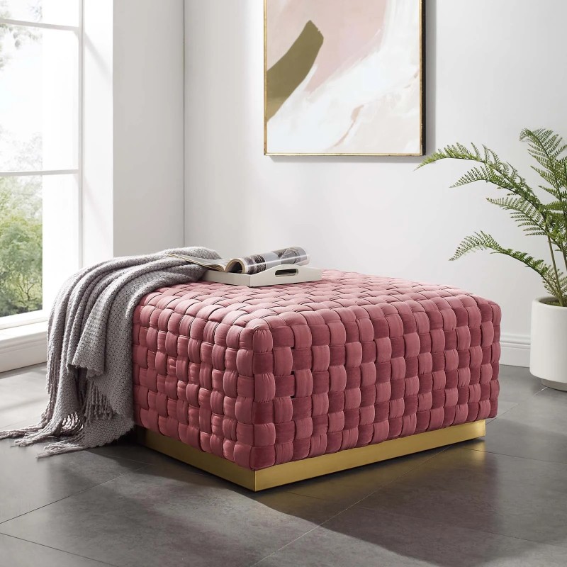 Florence Square Performance Velvet Ottoman in Dusty Rose