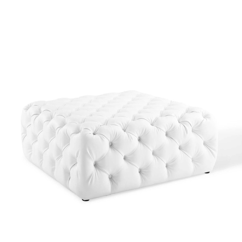 Amour Tufted Button Large Square Faux Leather Ottoman in White