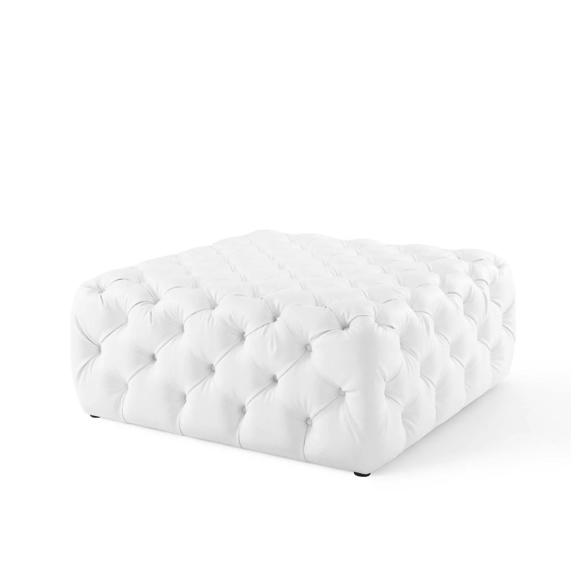 Amour Tufted Button Large Square Faux Leather Ottoman in White