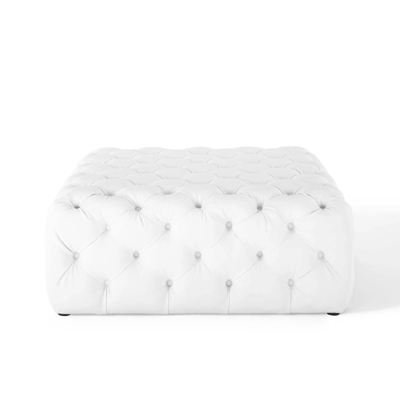 Amour Tufted Button Large Square Faux Leather Ottoman in White