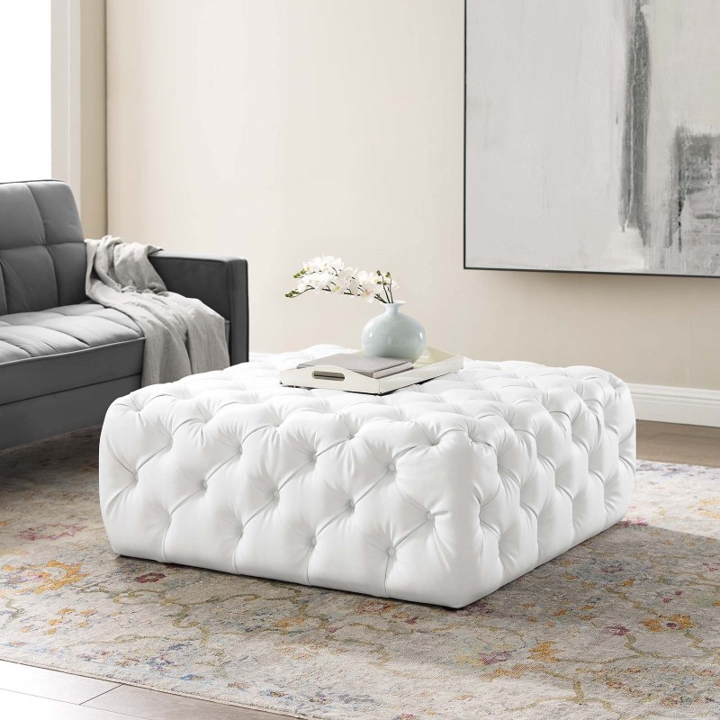 Amour Tufted Button Large Square Faux Leather Ottoman in White