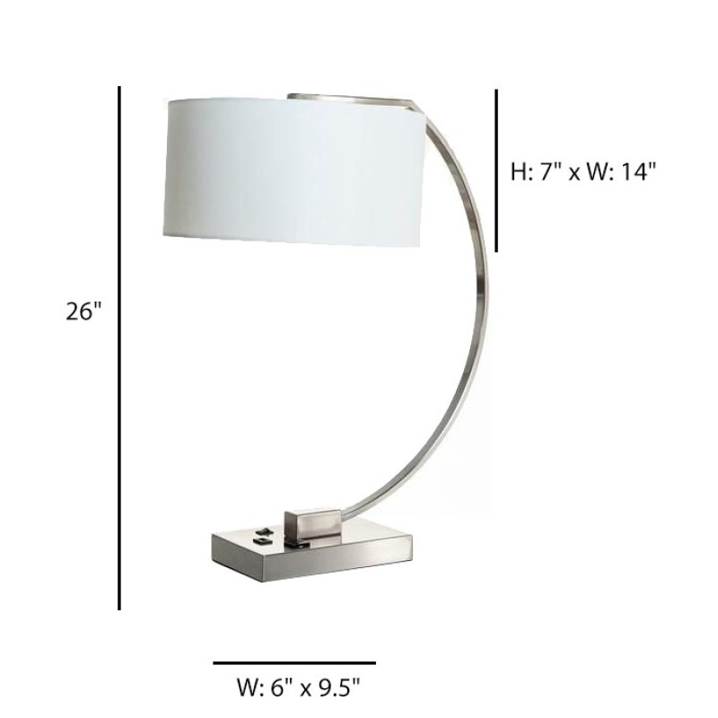 Brushed Nickel Single Table Lamp with USB Port, Outlet & White Hardback Shade – 26"
