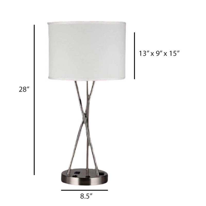 Brushed Nickel Table Lamp with USB Port and Power Outlet – 28" Modern Bedside Lamp