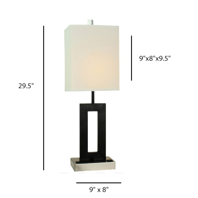Double Table Lamp – Brushed Nickel Metal with White Line Fabric Shade