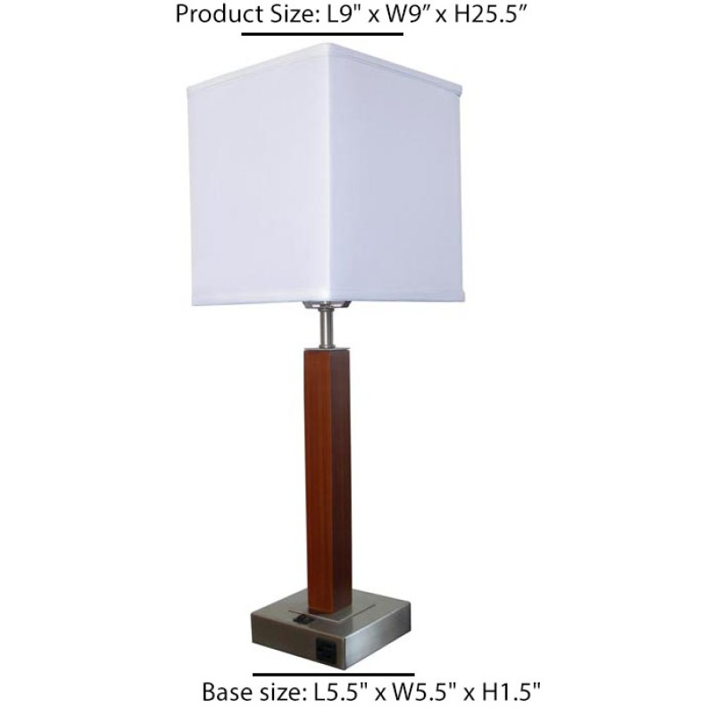 Wood Veneer Table Lamp with Metal Accents – White Fabric Shade