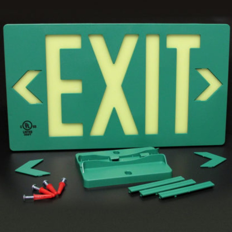 100 ft LED Exit Sign Green – Photoluminescent Emergency Exit Sign with Chevrons