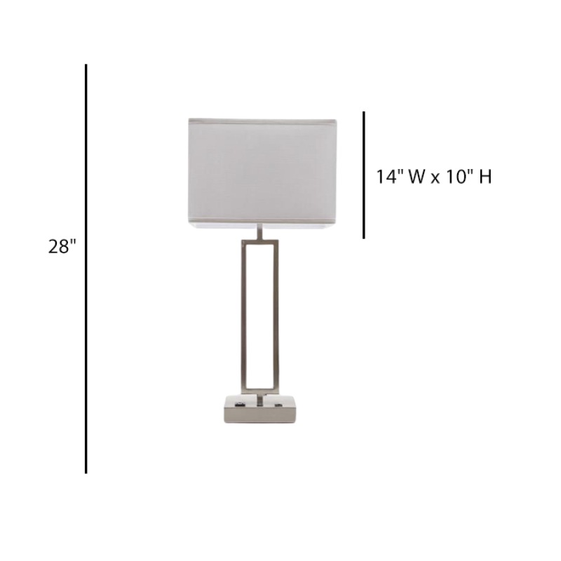 Brushed Nickel Table Lamp with Fabric Shade and Power Outlet – 28