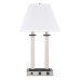 Brushed Nickel Table Lamp with Ebony Wood Accents – 60W, USB & Dual Outlets, White Fabric Shade