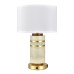 Satin Brass and Wood Table Lamp with White Fabric Shade – Power Outlet, E26 Socket, 100W