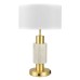 Satin Brass Table Lamp with White Fabric Shade – E26 Socket, 100W, Power Outlet, On/Off Rocker Switch