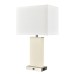 Brushed Nickel Table Lamp with Power Outlet and White Fabric Shade – Dual E26 75W (Model HTL-036-LG)