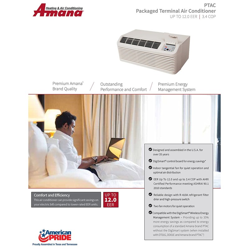 AMANA PTAC 12,000 BTU Heat Pump Unit 3.5kW Back Up Heater, PTH123G35AXXX AMANA PTAC 12,000 BTU Heat Pump Unit 3.5kW Back Up Heater, PTH123G35AXXX