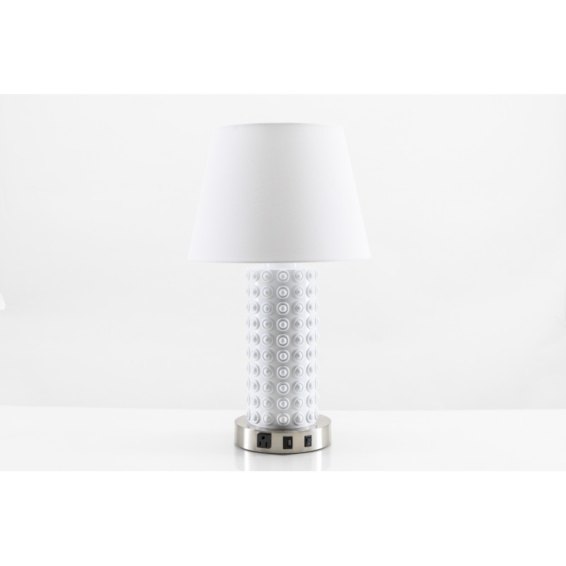 Ceramic White Table Lamp with USB Port & Power Outlet