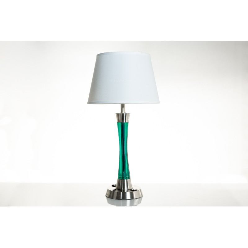 Blue Double Table Lamp with 2 Outlets – White Hardback Shade | LOG10031