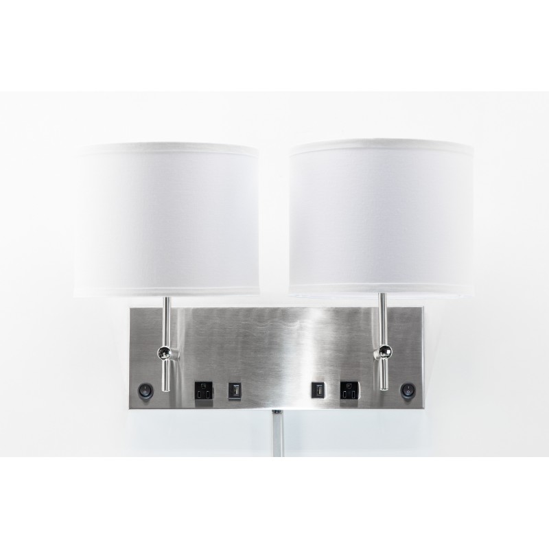 Double Wall Lamp with Power Outlets – Brushed Nickel Wall Sconce with Fabric Shades