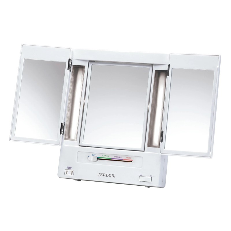 5X-1X Trifold Vanity Mirror with Lighting – Classic Design, AC Outlet, Adjustable Side Panels