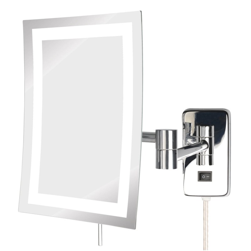 6.5" x 9" 5X LED Wall-Mounted Mirror – 360° Swivel, Extendable Arms, Nickel & Chrome