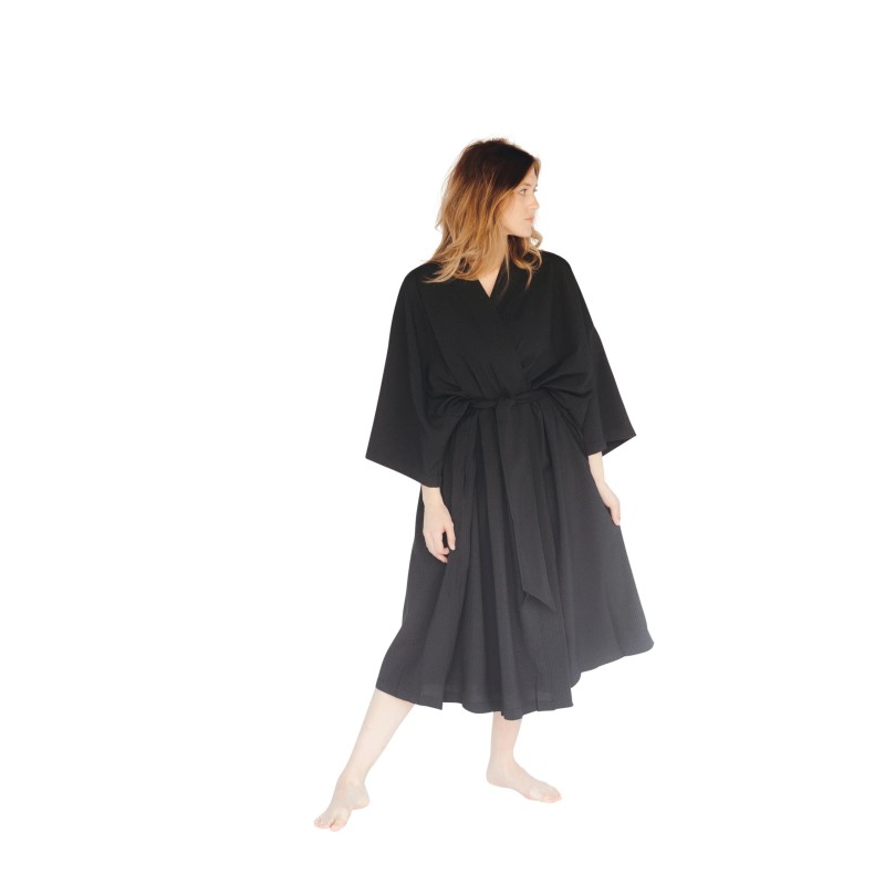 Black Seersucker Kimono Robe