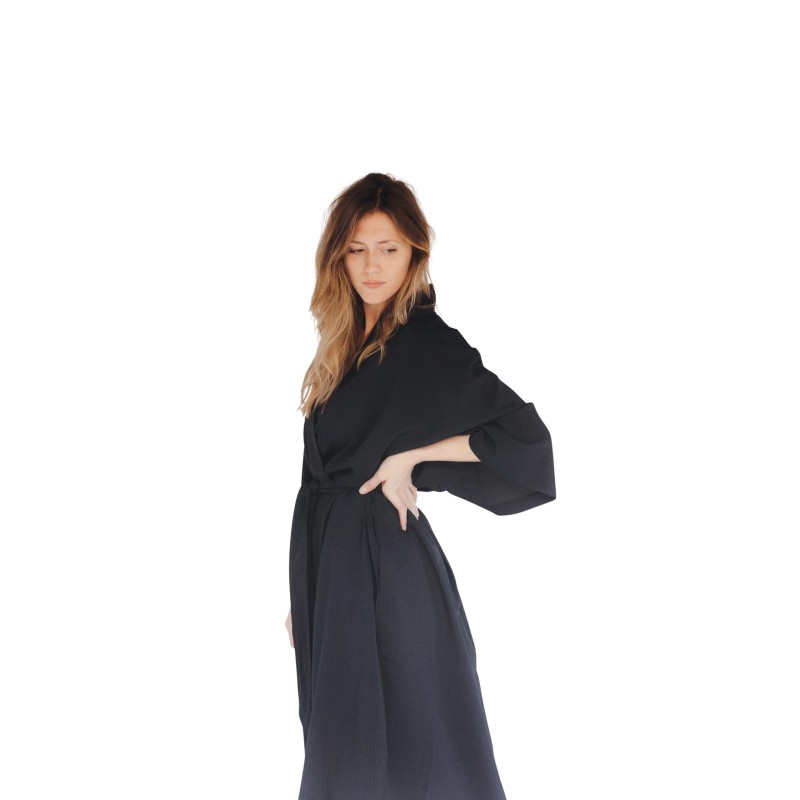 Black Seersucker Kimono Robe
