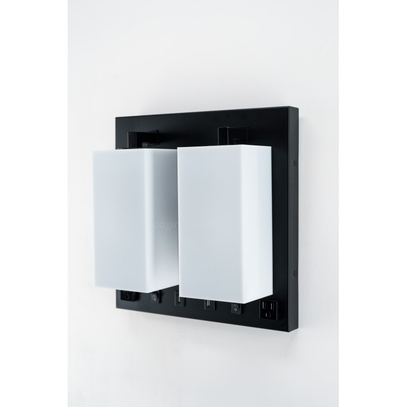 Double Wall Lamp with Acrylic Shade Matte Black – Modern Hotel Wall Light Fixture (12" H x 12" W x 4.5" D)