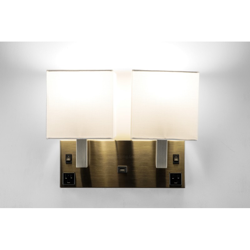 Satin Nickel Double Wall Lamp with USB & Outlets | LOGSNDWL-5478